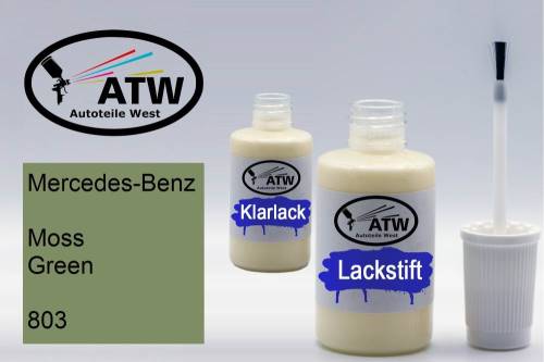 Mercedes-Benz, Moss Green, 803: 20ml Lackstift + 20ml Klarlack - Set, von ATW Autoteile West.